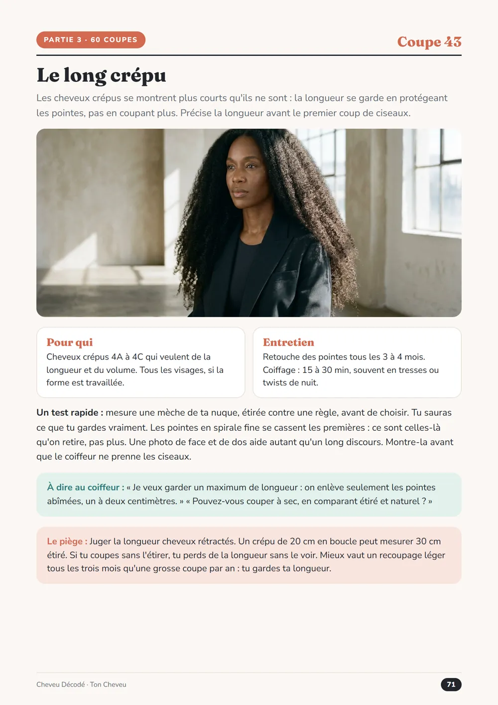 Page « Le long crépu » du guide Ton Cheveu, avec la photo de la coupe