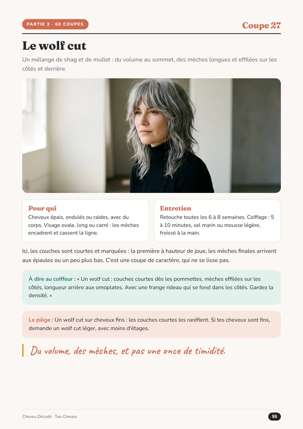 Page « Le wolf cut » du guide Ton Cheveu, avec la photo de la coupe et l’encadré « Le piège »
